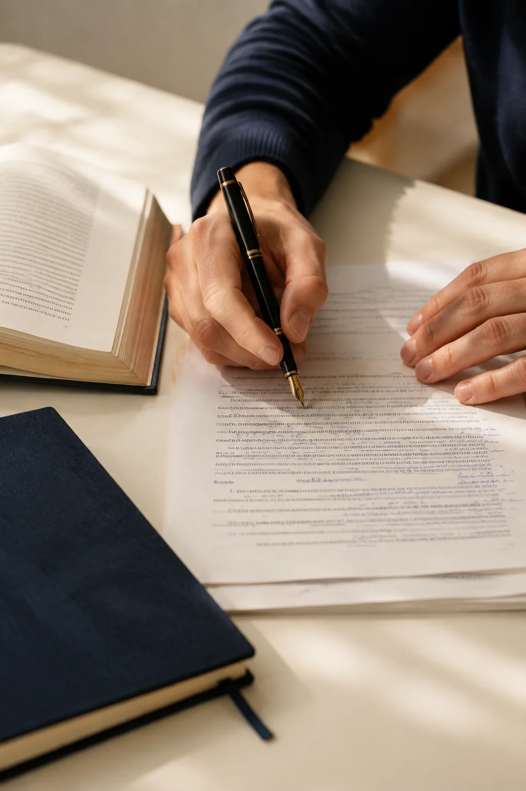A writer annotating a manuscript beside an open reference book